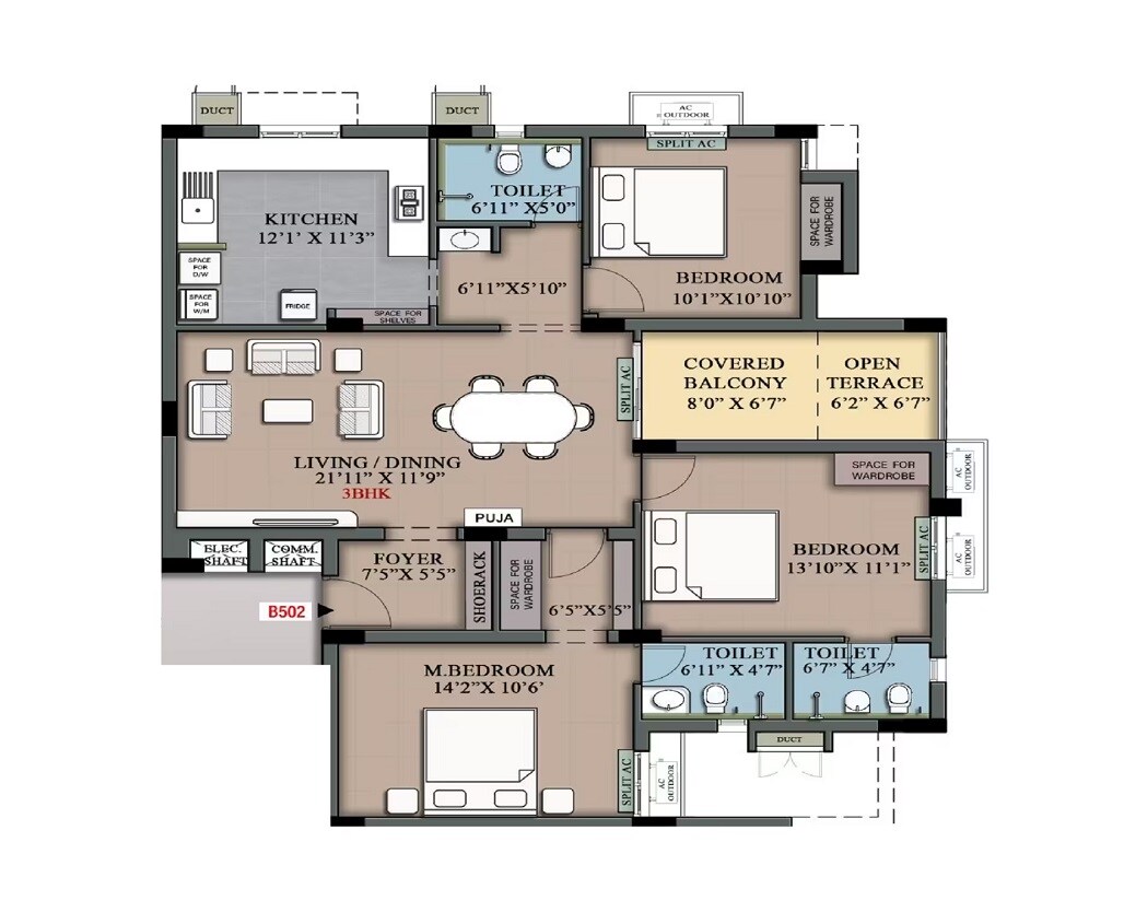 Floor plan of 3 BHK Apartment - 998 sq. ft. in Newry Astor, Chennai