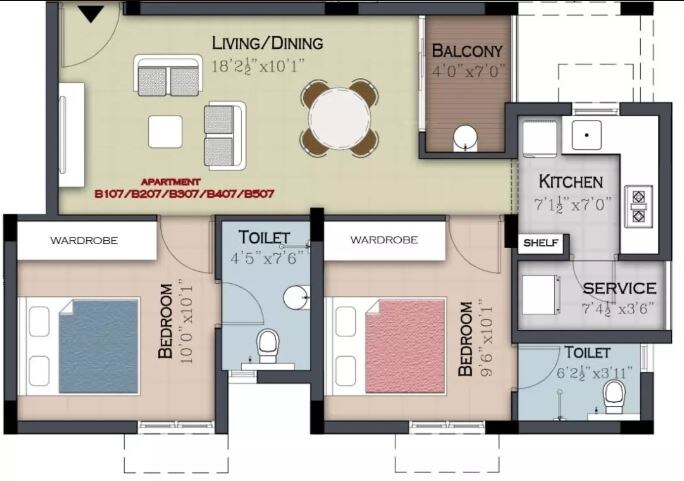 Floor plan of 2 BHK 768 Sq. Ft. Apartment in Newry Aura, Chennai