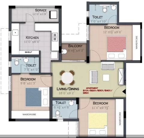 Floor plan of 3 BHK 1032 Sq. Ft. Apartment in Newry Aura, Chennai