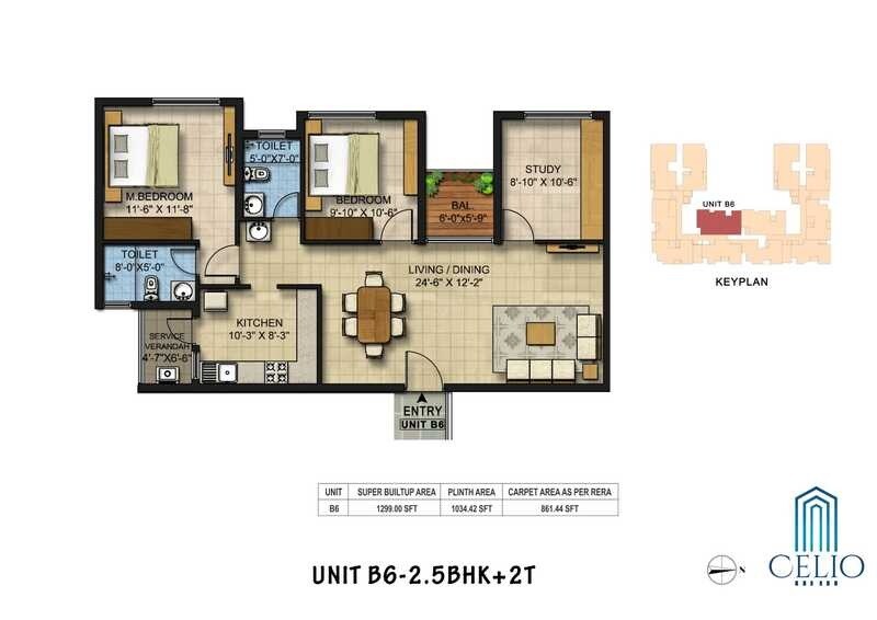 Floor plan of 2 BHK 1299 Sq. Ft. Apartment in Newry Celio, Chennai
