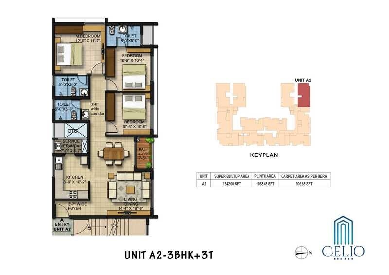 Floor plan of 3 BHK 1342 Sq. Ft. Apartment in Newry Celio, Chennai