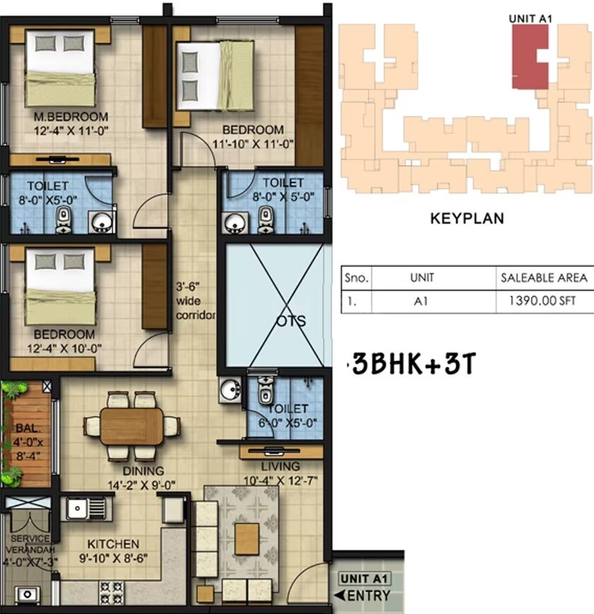 Floor plan of 3 BHK 1390 Sq. Ft. Apartment in Newry Celio, Chennai