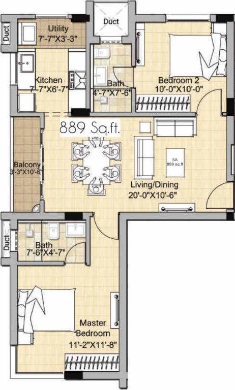 Floor plan of 2 BHK 889 Sq. Ft. Apartment in Newry Sabari Sattva, Chennai