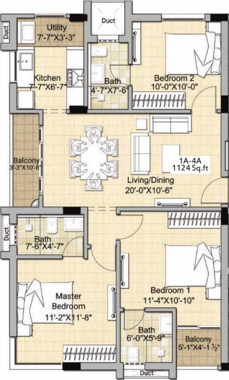 Floor plan of 3 BHK 1124 Sq. Ft. Apartment in Newry Sabari Sattva, Chennai