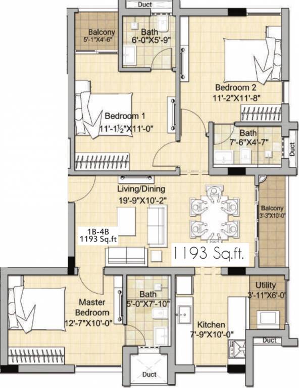 Floor plan of 3 BHK 1193 Sq. Ft. Apartment in Newry Sabari Sattva, Chennai