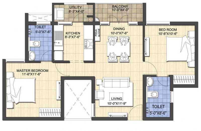 Floor plan of 2 BHK 1009 Sq. Ft. Apartment in Newry Shanmita, Chennai