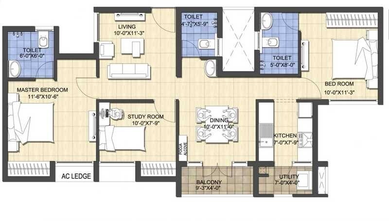 Floor plan of 3 BHK 1398 Sq. Ft. Apartment in Newry Shanmita, Chennai