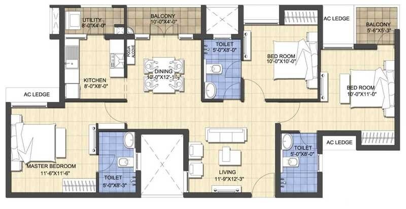 Floor plan of 3 BHK 1404 Sq. Ft. Apartment in Newry Shanmita, Chennai