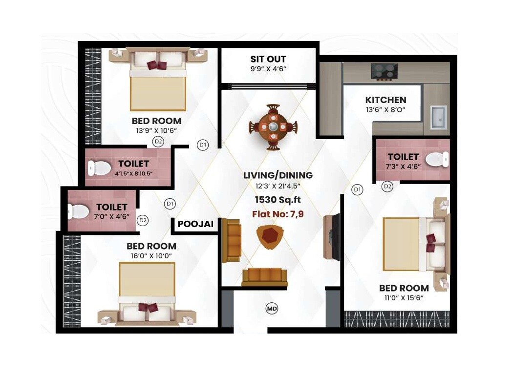 Floor plan of 3 BHK 1530 Sq. Ft. Apartment in Nexa Asta, Chennai