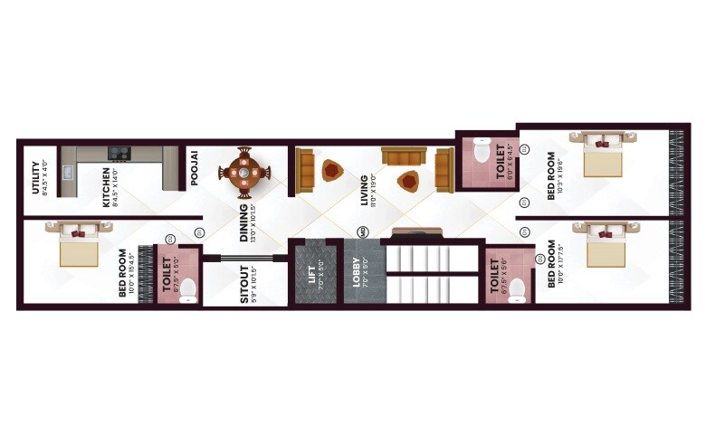 Floor plan of 3 BHK 1815 Sq. Ft. Apartment in Nexa Asta, Chennai