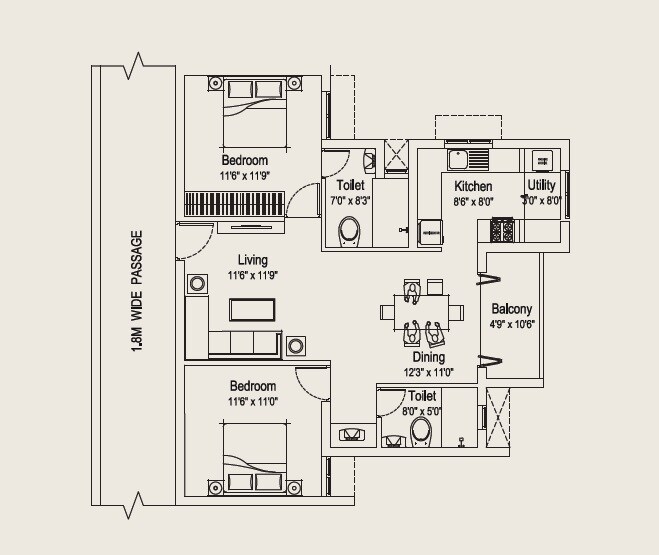 Floor plan of 2 BHK 1028 Sq. Ft. Apartment in Nova Sprint, Chennai