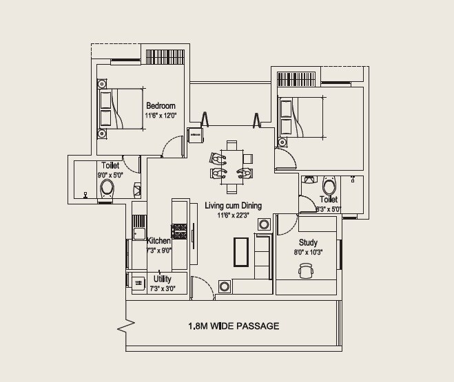 Floor plan of 2 BHK 1243 Sq. Ft. Apartment in Nova Sprint, Chennai