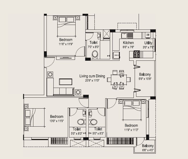 Floor plan of 3 BHK 1258 Sq. Ft. Apartment in Nova Sprint, Chennai