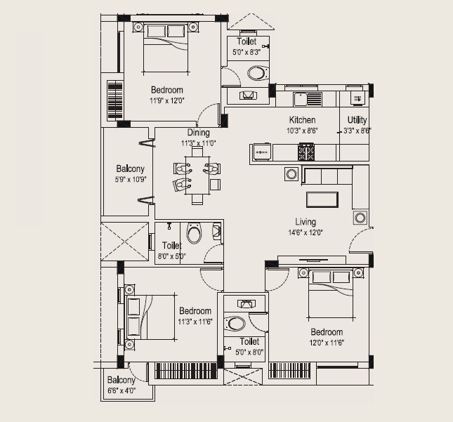 Floor plan of 3 BHK 1511 Sq. Ft. Apartment in Nova Sprint, Chennai