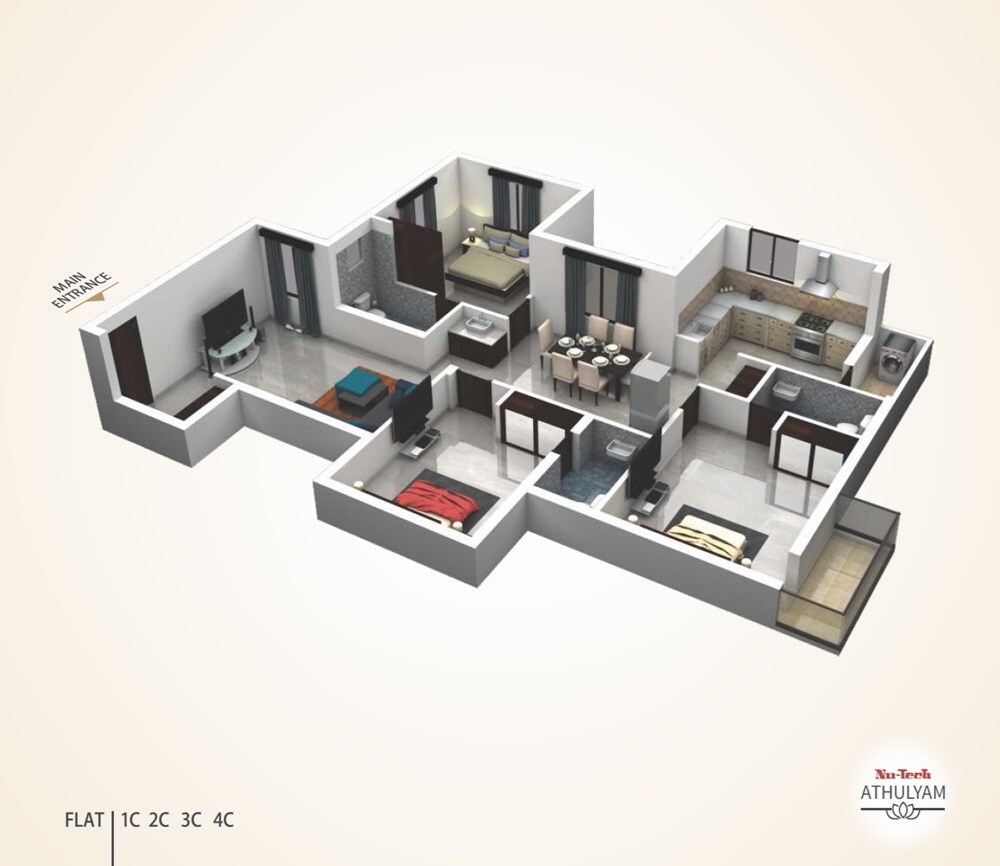 Floor plan of 3 BHK 1647 Sq. Ft. Apartment in Nu Tech Athulyam, Chennai