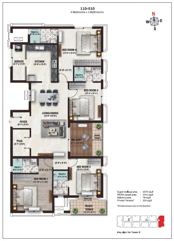Floor plan of 4 BHK 2070 Sq. Ft. Apartment in Nutech Central Park, Chennai