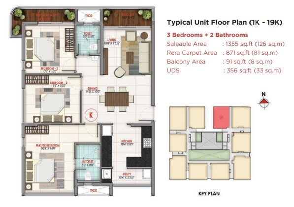 Floor plan of 3 BHK 1355 Sq. Ft. Apartment in Nutech Elevate 21, Chennai