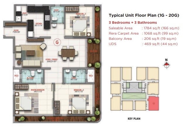 Floor plan of 3 BHK 1784 Sq. Ft. Apartment in Nutech Elevate 21, Chennai