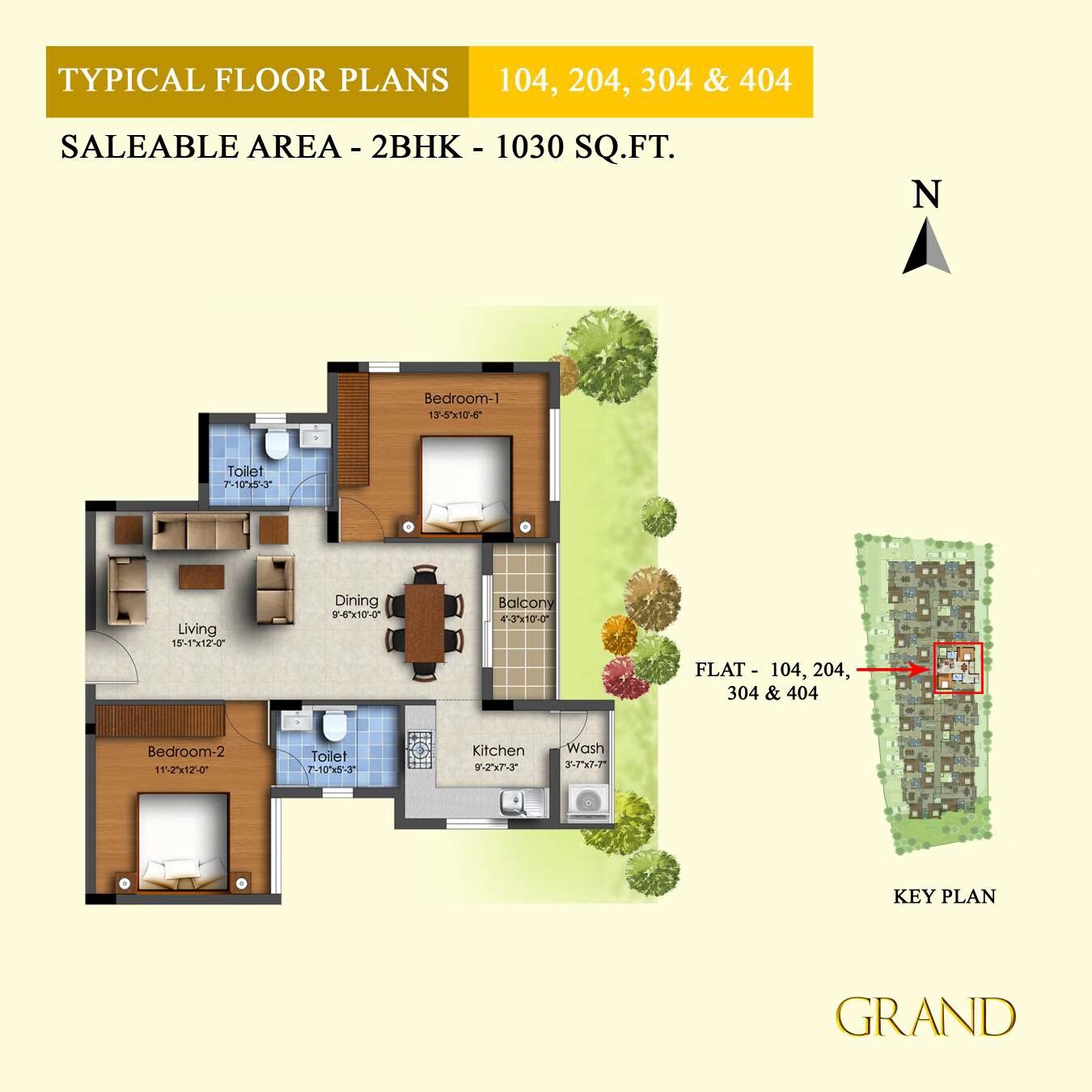 Floor plan of 2 BHK 1030 Sq. Ft. Apartment in Ocean Grand, Chennai