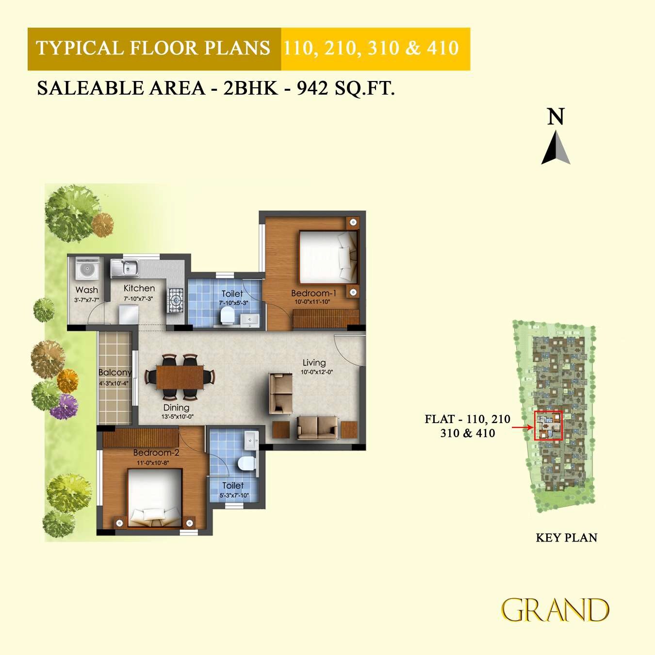 Floor plan of 2 BHK 942 Sq. Ft. Apartment in Ocean Grand, Chennai