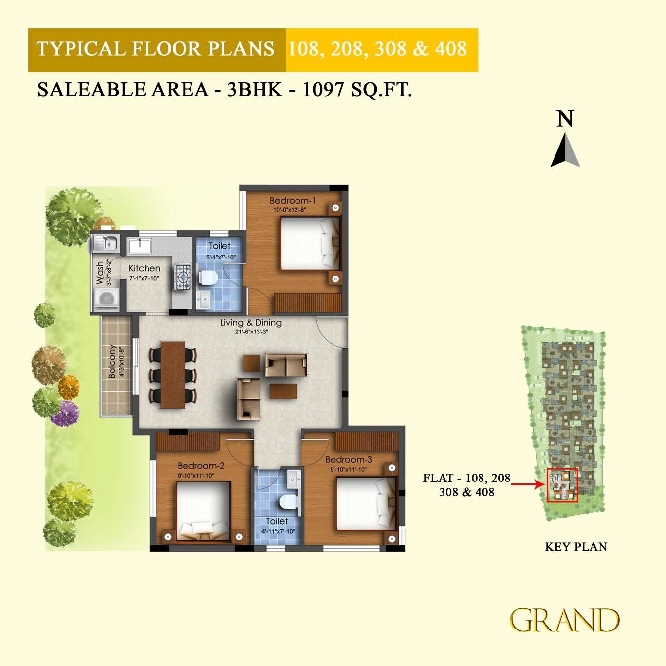 Floor plan of 3 BHK 1097 Sq. Ft. Apartment in Ocean Grand, Chennai