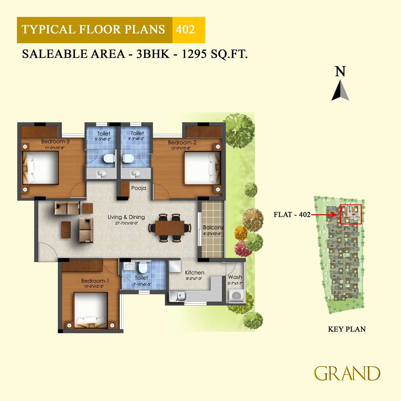 Floor plan of 3 BHK 1295 Sq. Ft. Apartment in Ocean Grand, Chennai