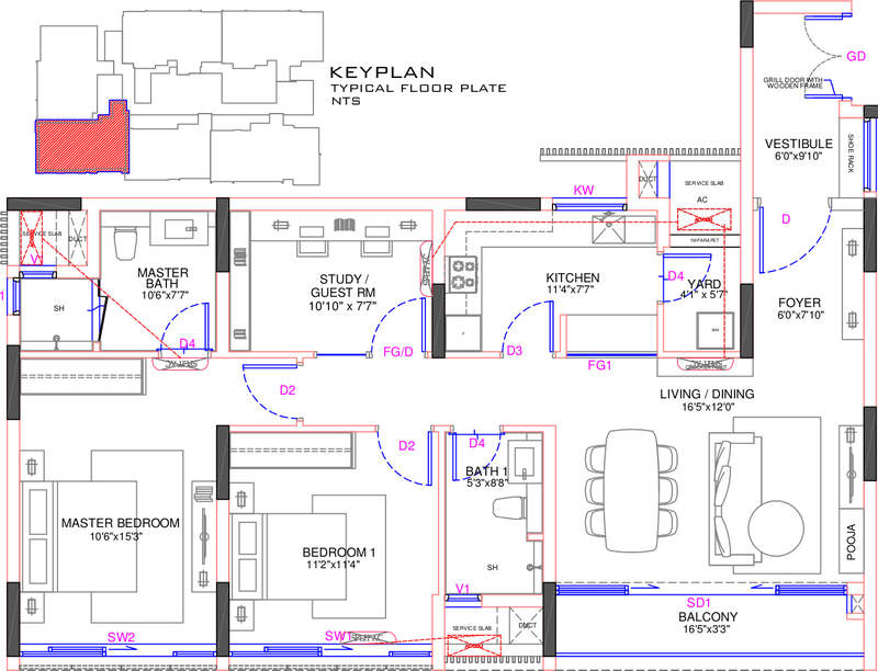 Floor plan of 3 BHK 1446 Sq. Ft. Apartment in Olympia Jayanthi Residences, Chennai