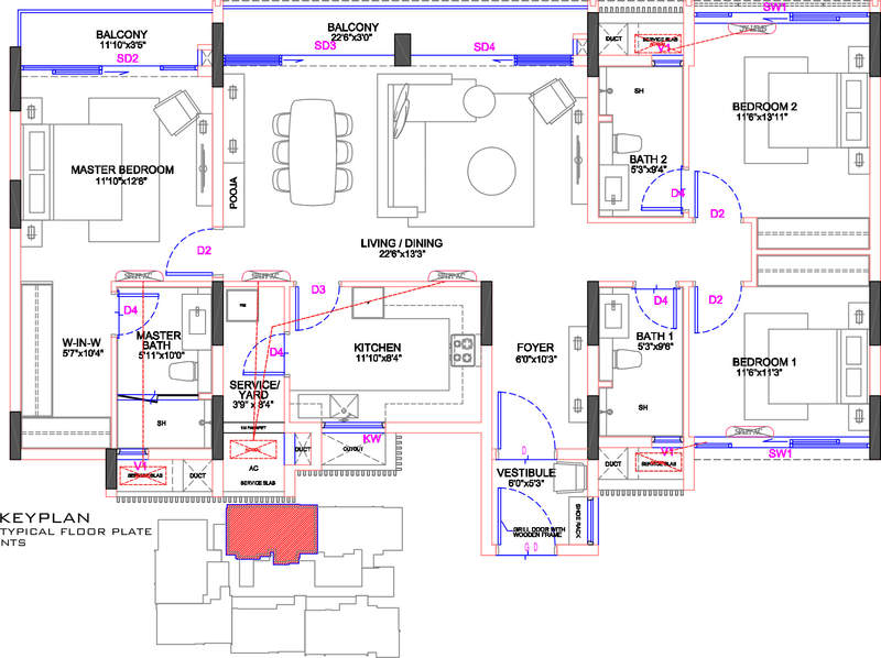 Floor plan of 3 BHK 1848 Sq. Ft. Apartment in Olympia Jayanthi Residences, Chennai