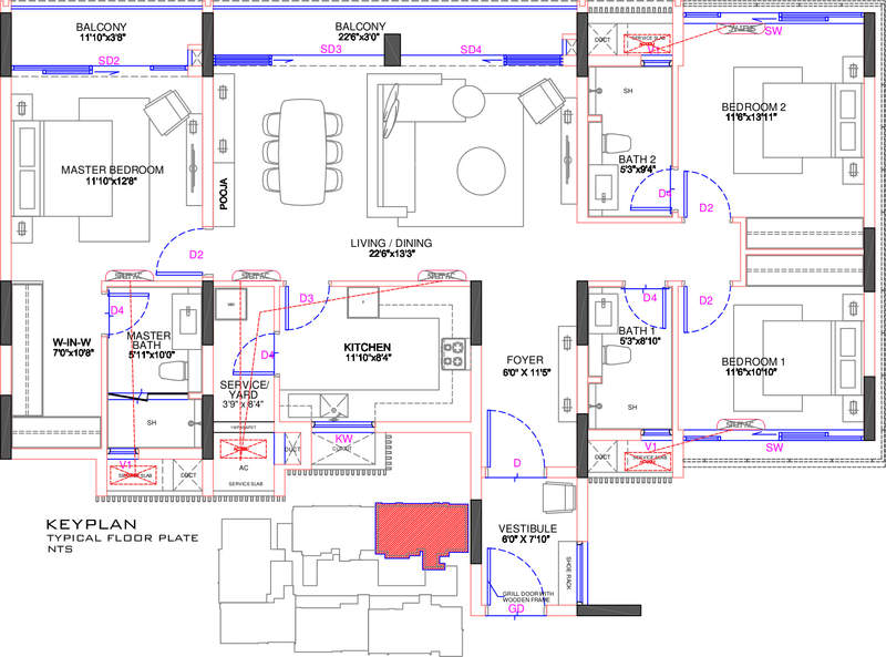 Floor plan of 3 BHK 1890 Sq. Ft. Apartment in Olympia Jayanthi Residences, Chennai