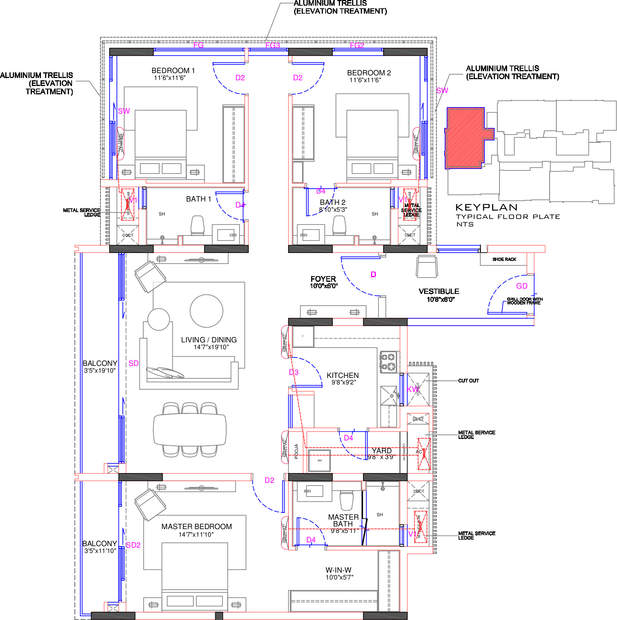 Floor plan of 3 BHK 1933 Sq. Ft. Apartment in Olympia Jayanthi Residences, Chennai