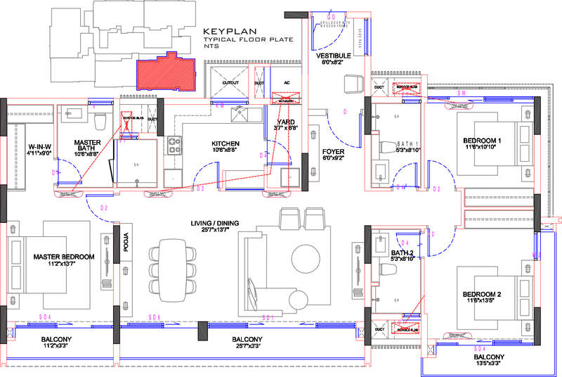 Floor plan of 3 BHK 2024 Sq. Ft. Apartment in Olympia Jayanthi Residences, Chennai