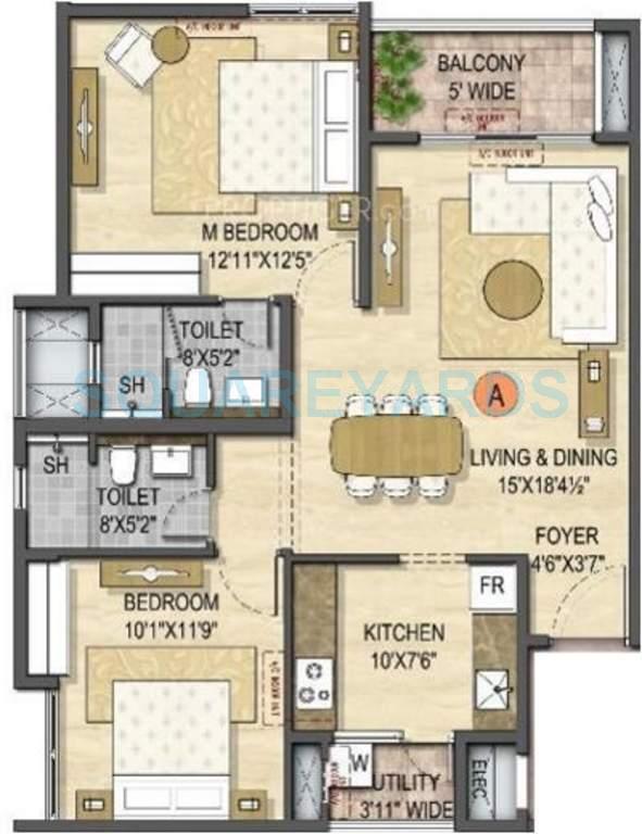 Floor plan of 2 BHK 1135 Sq. Ft. Apartment in Olympia Opaline Sequel, Chennai