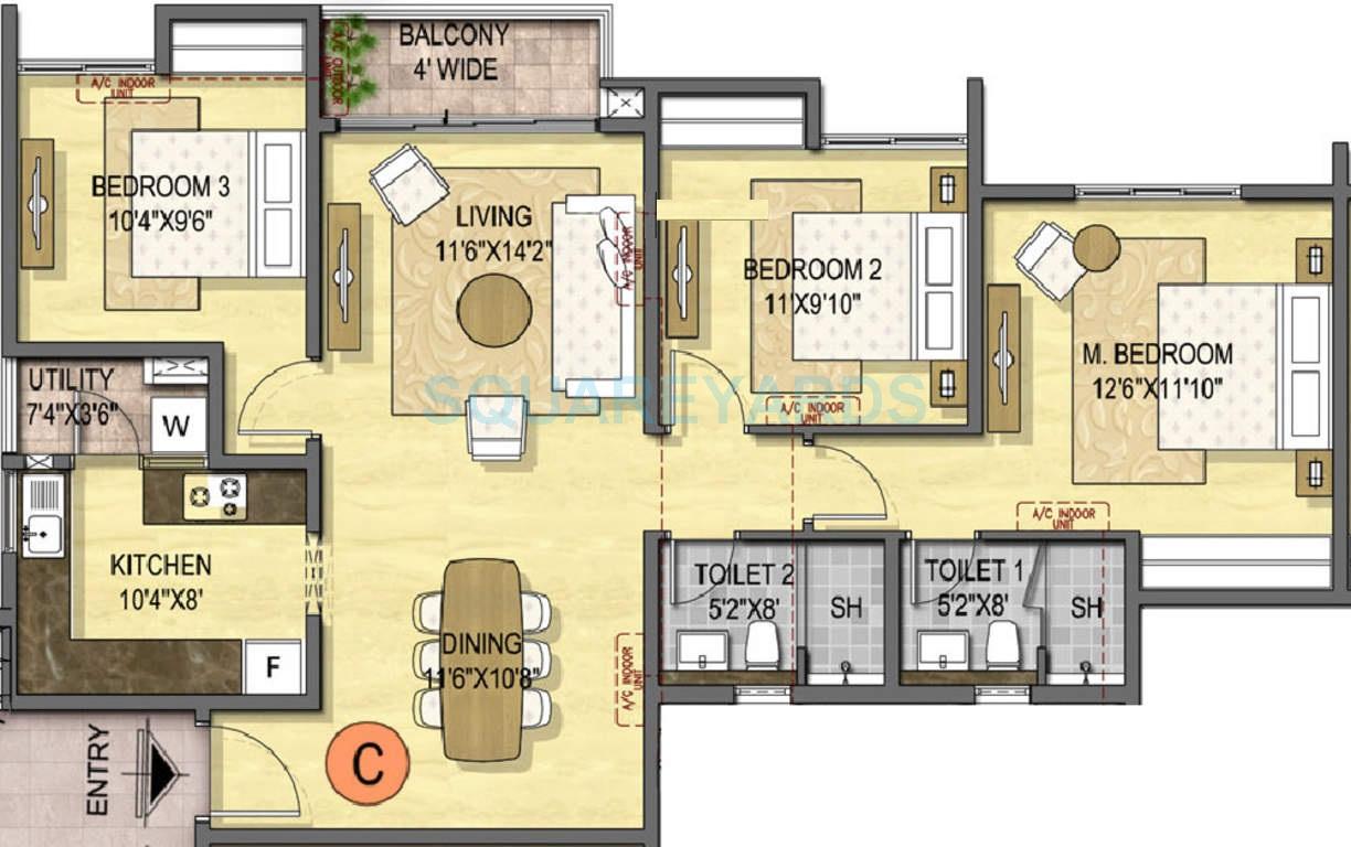 Floor plan of 3 BHK 1384 Sq. Ft. Apartment in Olympia Opaline Sequel, Chennai