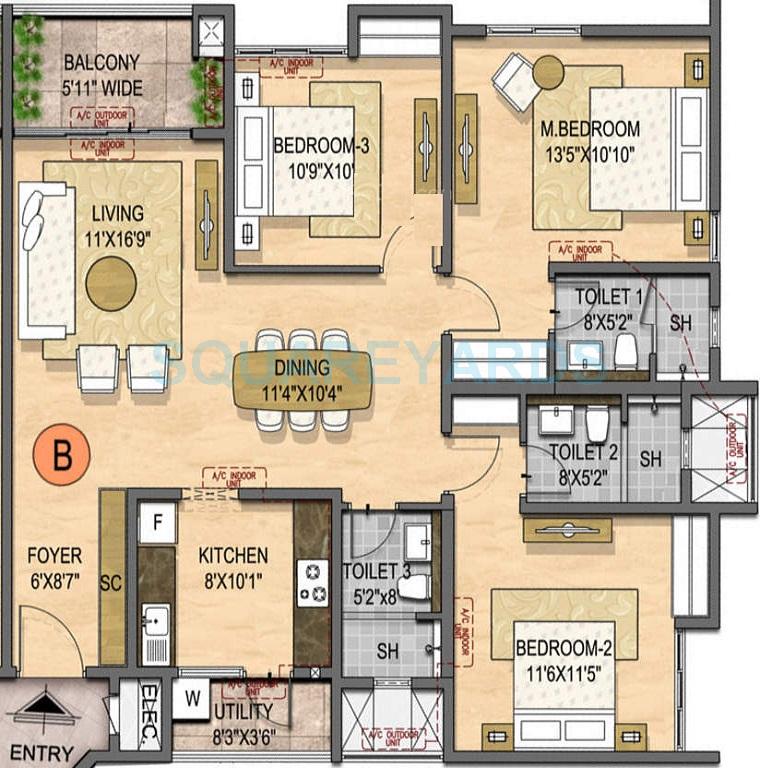 Floor plan of 3 BHK 1567 Sq. Ft. Apartment in Olympia Opaline Sequel, Chennai