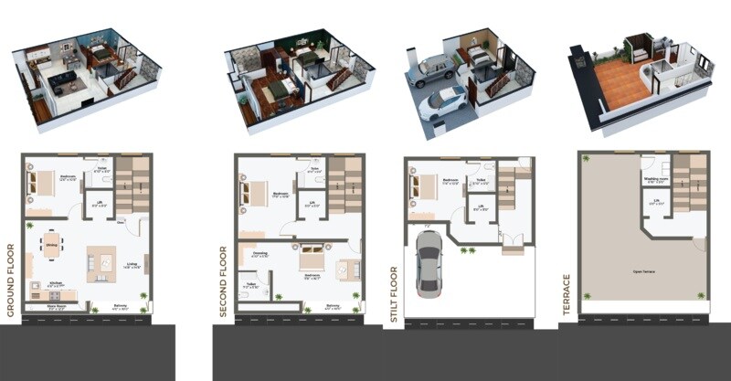 Floor plan of 4 BHK 2500 Sq. Ft. Villa in Origin Blossom Villa, Chennai