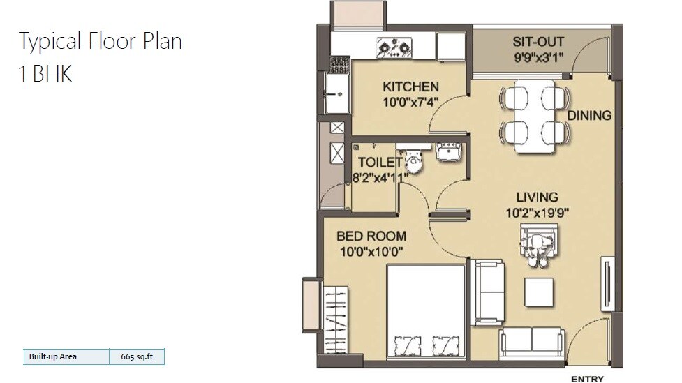 Floor plan of 1 BHK 665 Sq. Ft. Apartment in Osian Chlorophyll, Chennai