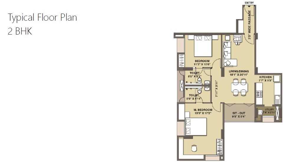 Floor plan of 2 BHK 1345 Sq. Ft. Apartment in Osian Chlorophyll, Chennai
