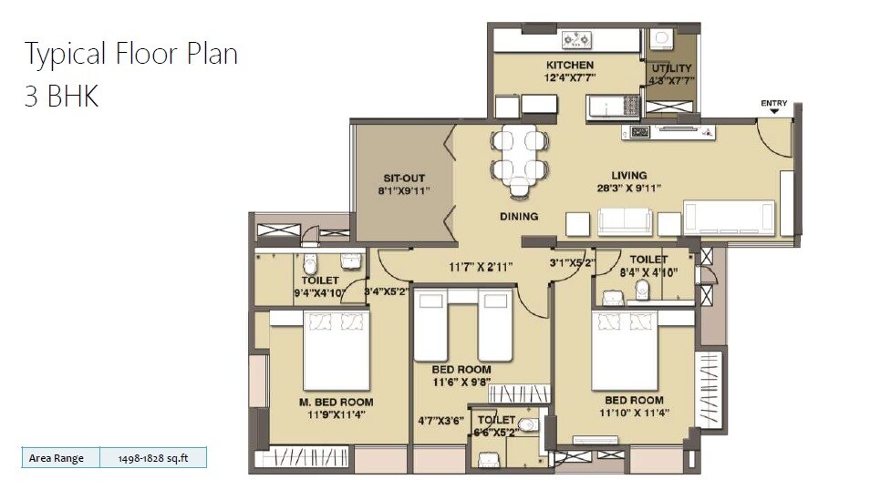 Floor plan of 3 BHK 1828 Sq. Ft. Apartment in Osian Chlorophyll, Chennai