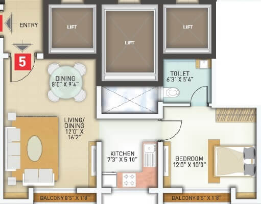 Floor plan of 1 BHK 706 Sq. Ft. Apartment in Ozone Greens Perumbakkam, Chennai