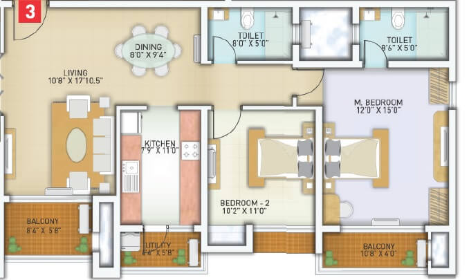 Floor plan of 2 BHK 1489 Sq. Ft. Apartment in Ozone Greens Perumbakkam, Chennai