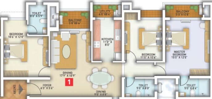 Floor plan of 3 BHK 1706 Sq. Ft. Apartment in Ozone Greens Perumbakkam, Chennai