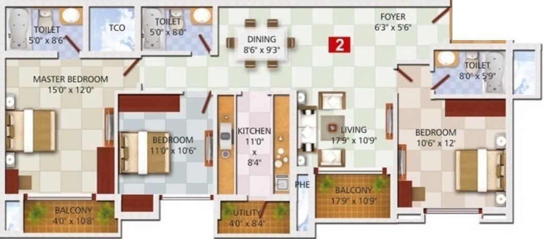 Floor plan of 3 BHK 1786 Sq. Ft. Apartment in Ozone Greens Perumbakkam, Chennai