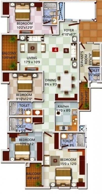 Floor plan of 4 BHK 2566 Sq. Ft. Apartment in Ozone Greens Perumbakkam, Chennai