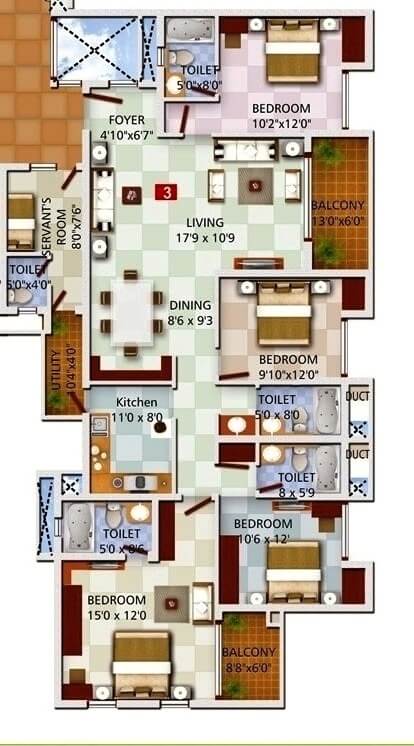 Floor plan of 4 BHK 2570 Sq. Ft. Apartment in Ozone Greens Perumbakkam, Chennai