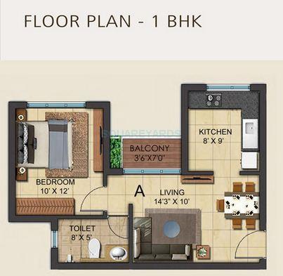 Floor plan of 1 BHK 611 Sq. Ft. Apartment in Ozone Metrozone AG Tower, Chennai