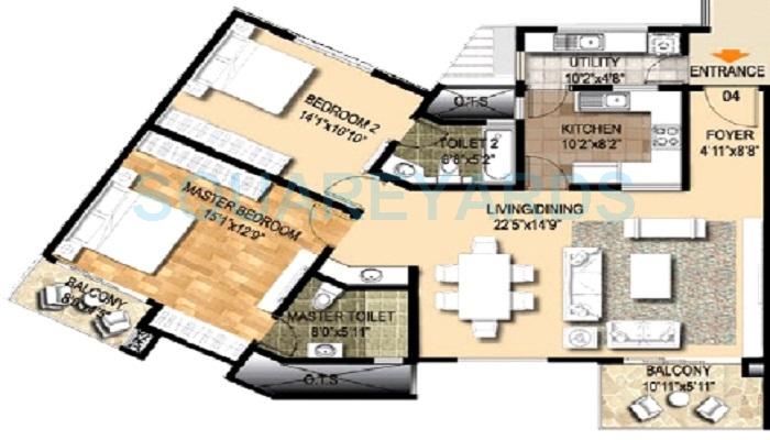 Floor plan of 3 BHK 1435 Sq. Ft. Apartment in Ozone Metrozone, Chennai