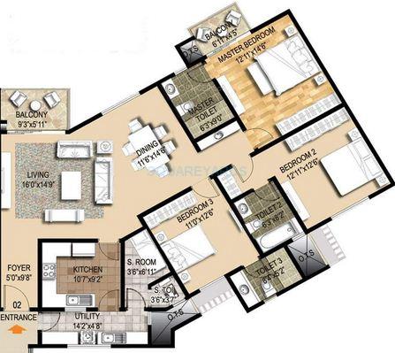 Floor plan of 3 BHK 2062 Sq. Ft. Apartment in Ozone Metrozone, Chennai
