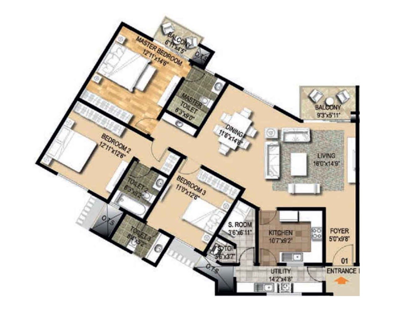 Floor plan of 3 BHK 2062 Sq. Ft. Apartment in Ozone The Metrozone, Chennai