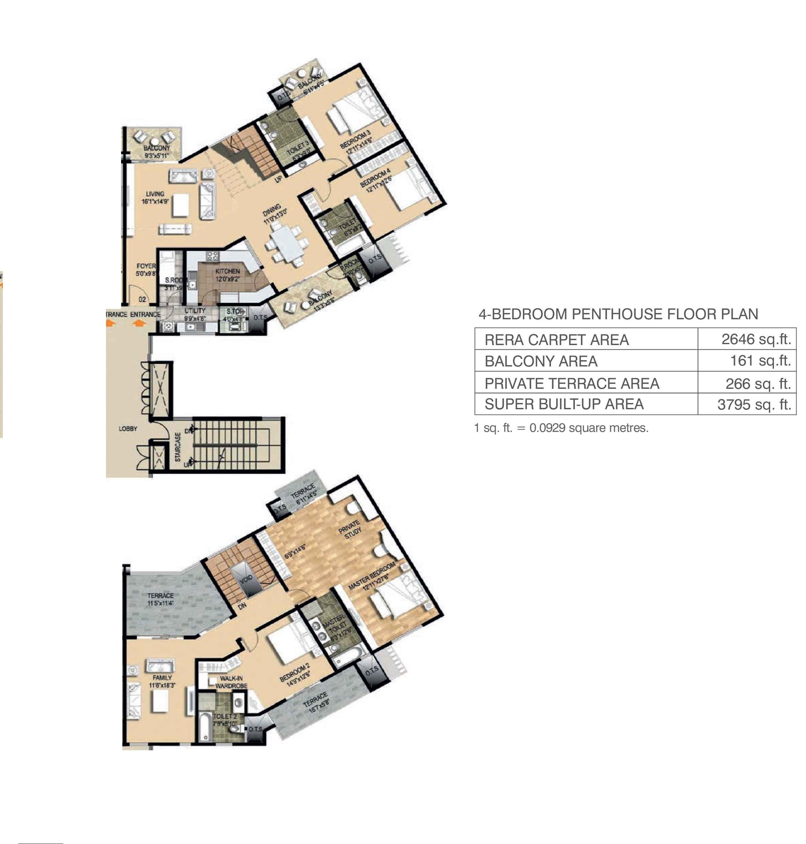 Floor plan of 4 BHK 3795 Sq. Ft. Penthouse in Ozone The Metrozone, Chennai