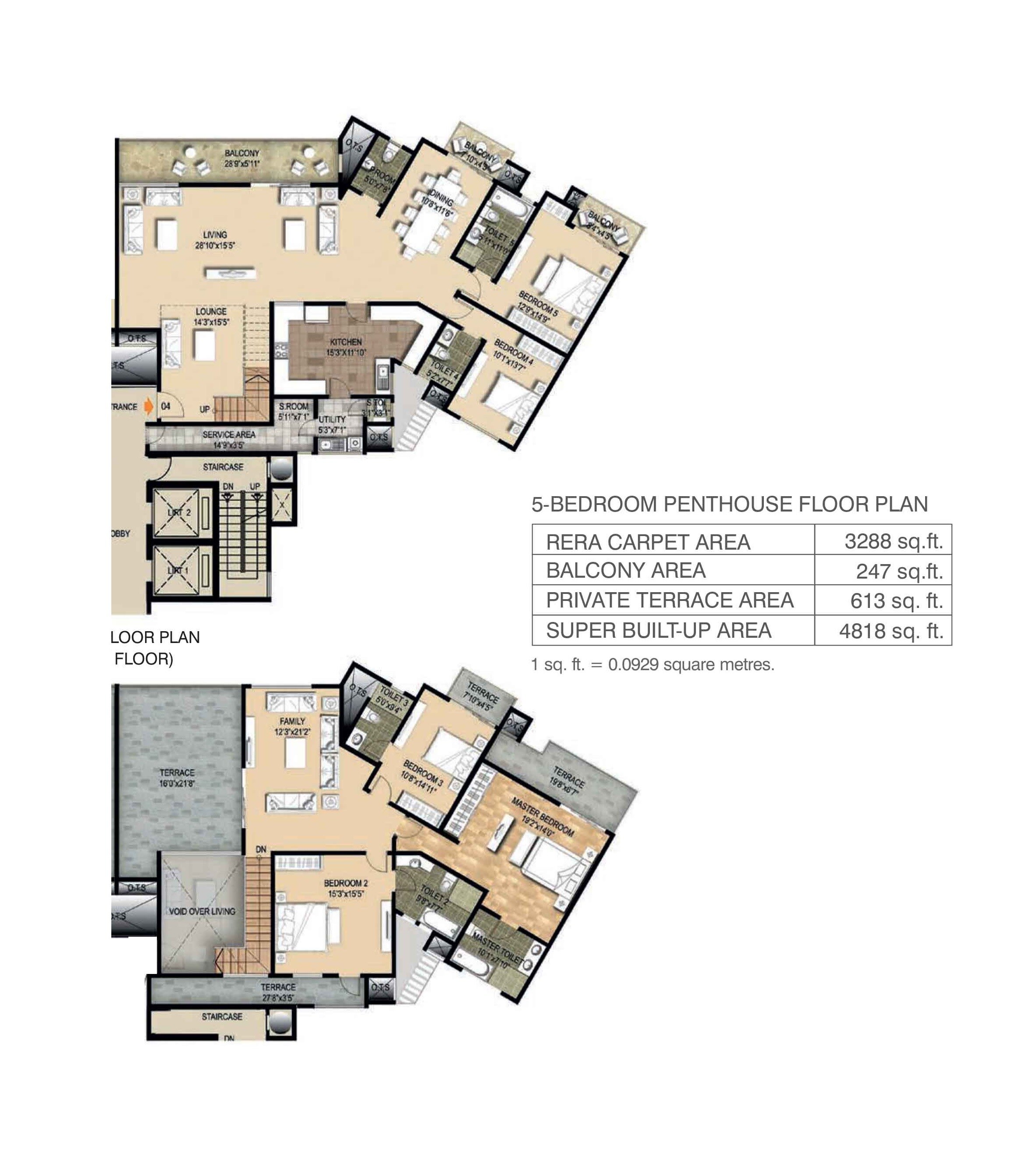 Floor plan of 5 BHK 4818 Sq. Ft. Penthouse in Ozone The Metrozone, Chennai